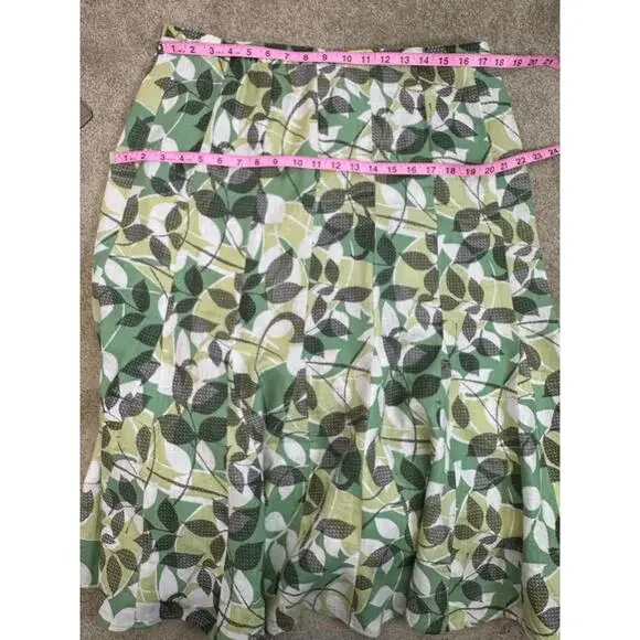 Sz 14 JM Collection 100% Linen Floral Green Black Leaves Midi Flared Skirt - Picture 4 of 4